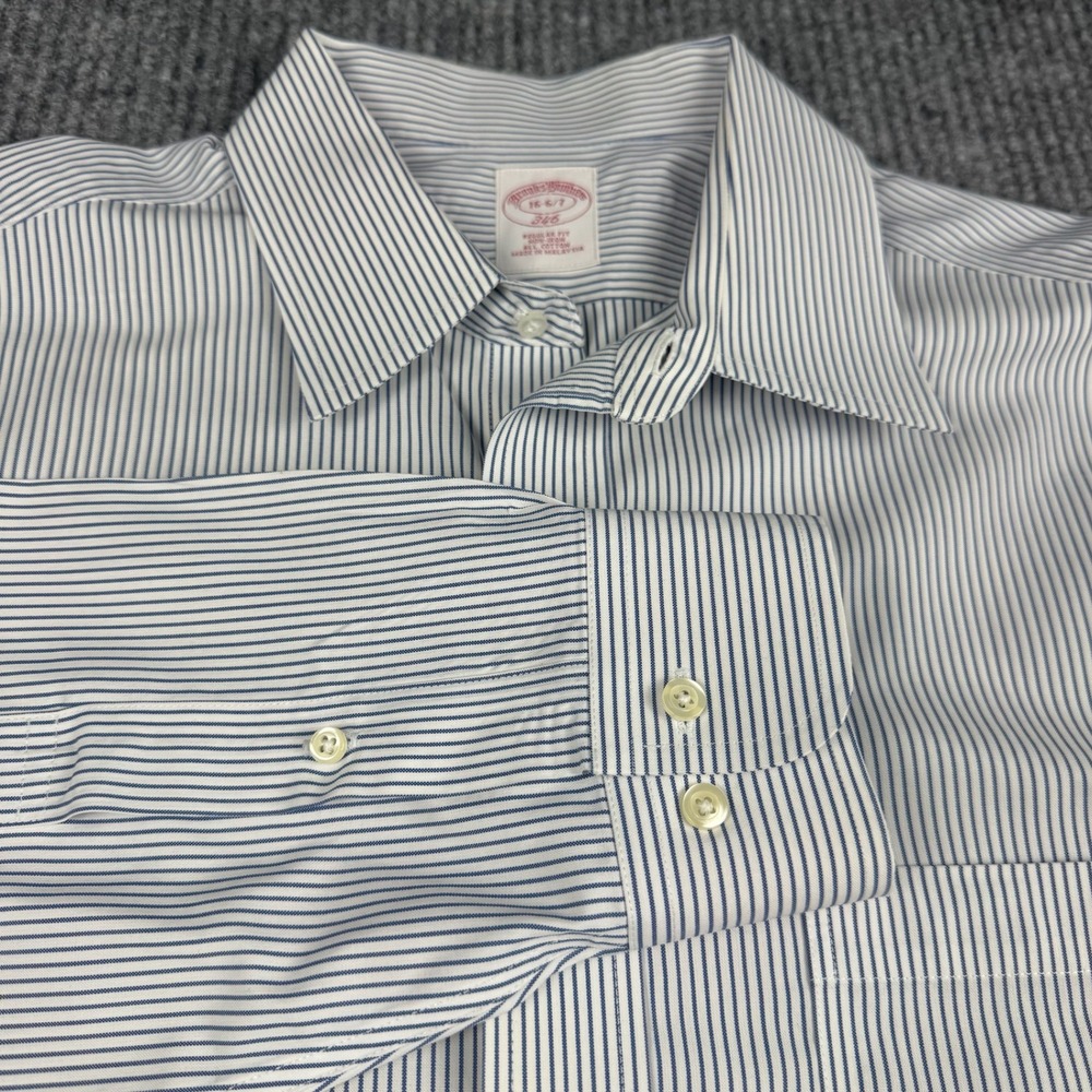 Brooks Brothers 346 Button Down Shirt Mens 16.5 36/37 Blue White Stripe Non-Iron